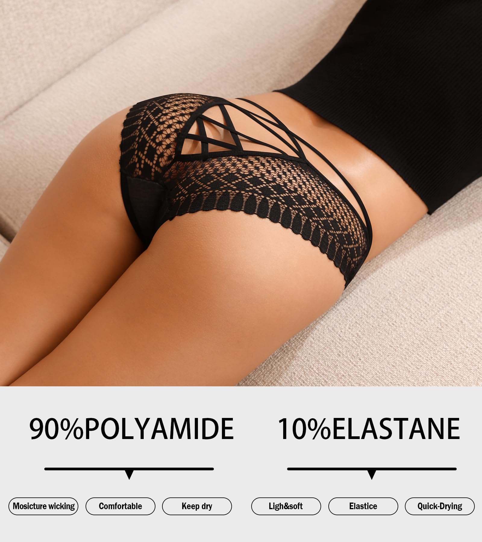 Eiggam Lace Underwear for Women V-Cut Cross Strap Bikini Underwear Sexy Panties for Women Pack Mid-Waist Cheeky Panty