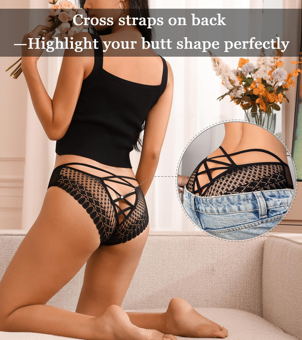 Eiggam Lace Underwear for Women V-Cut Cross Strap Bikini Underwear Sexy Panties for Women Pack Mid-Waist Cheeky Panty