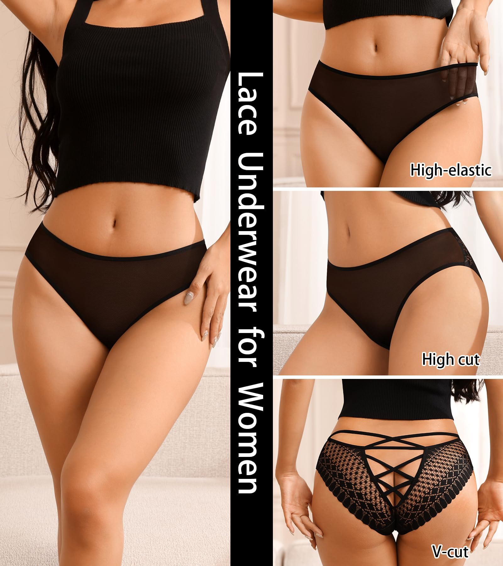 Eiggam Lace Underwear for Women V-Cut Cross Strap Bikini Underwear Sexy Panties for Women Pack Mid-Waist Cheeky Panty