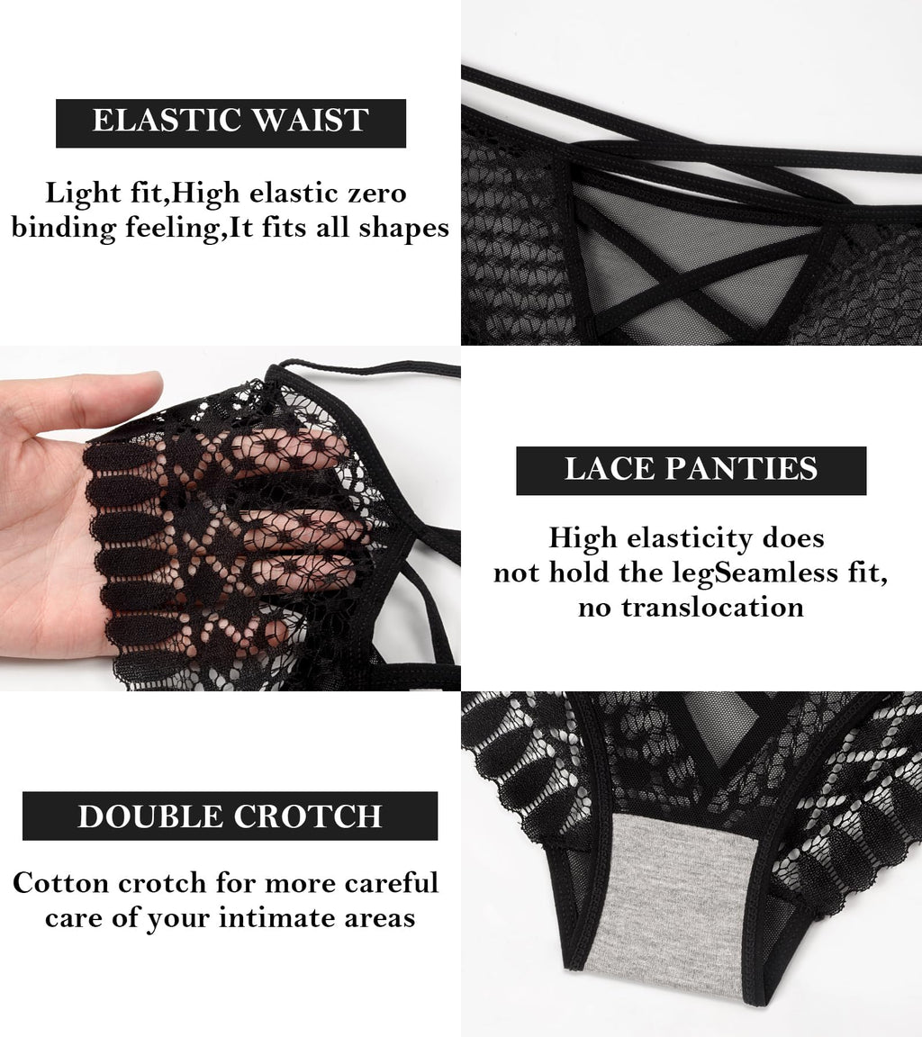 Eiggam Lace Underwear for Women V-Cut Cross Strap Bikini Underwear Sexy Panties for Women Pack Mid-Waist Cheeky Panty
